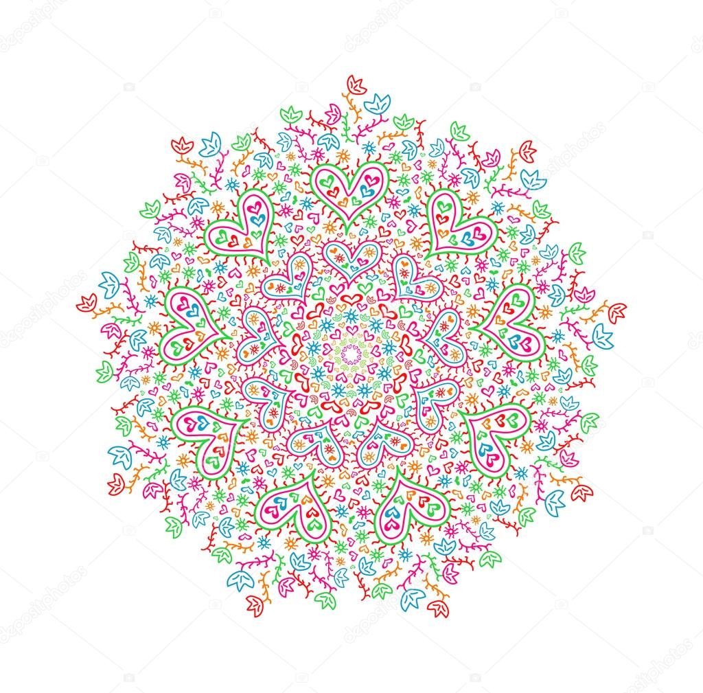 Colorful Mandala Element with Heart and Flower Silhouettes