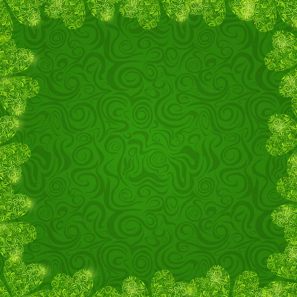 Glanzende groene klaver gras frame op swirl achtergrond — Stockvector