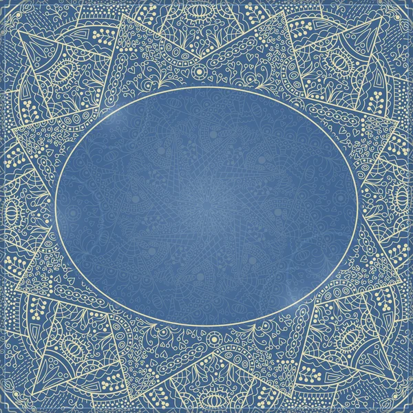 円形ラベルとビンテージ飾り青いカード. — ストックベクタ