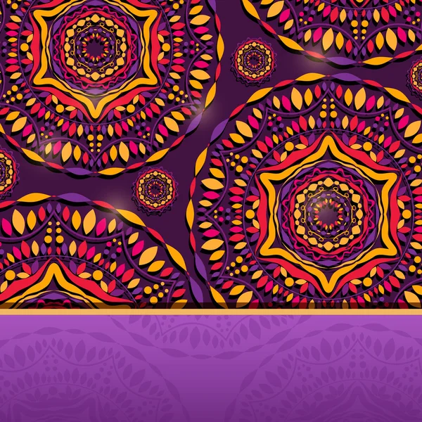Tarjeta púrpura con decoración colorida — Vector de stock