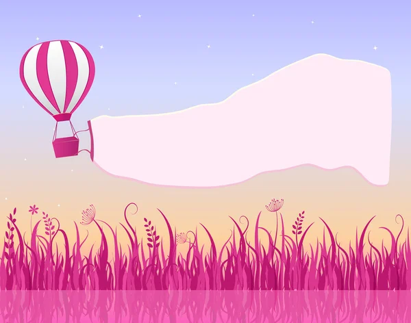 Hete luchtballon vliegen in de lucht met banner — Stockvector