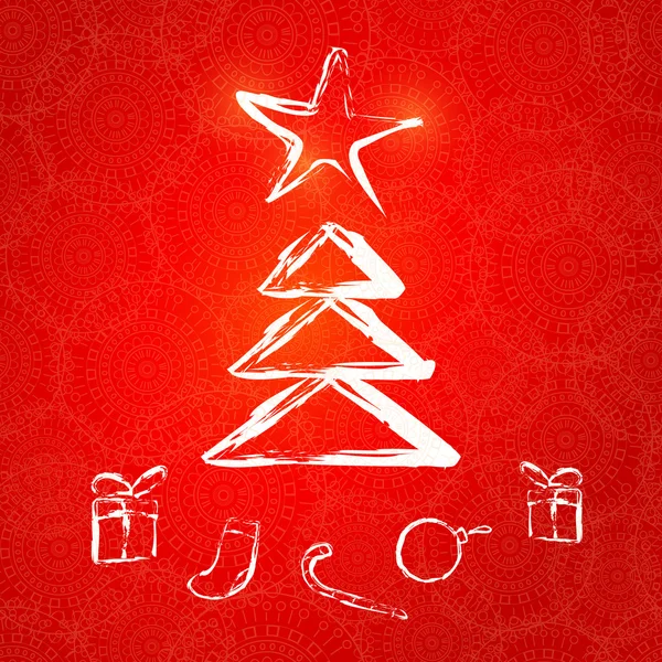 Árbol de Navidad dibujado a mano sobre fondo rojo — Vector de stock