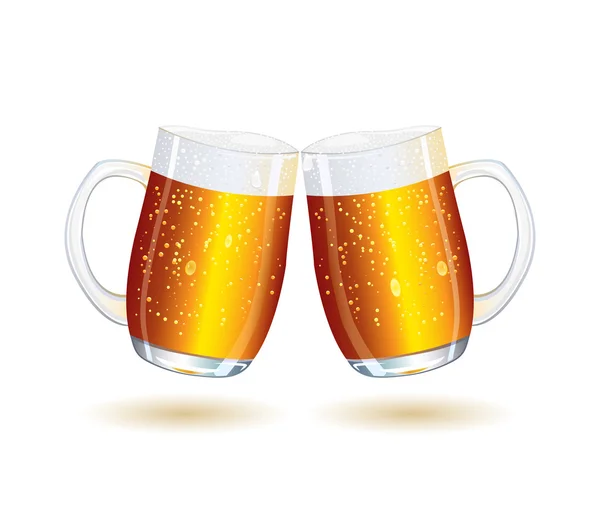 Dos tazas de cerveza brillantes chapoteantes — Vector de stock