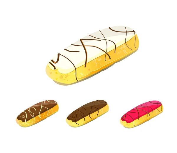 Conjunto Bolo Eclair Com Cobertura Chocolate — Vetor de Stock