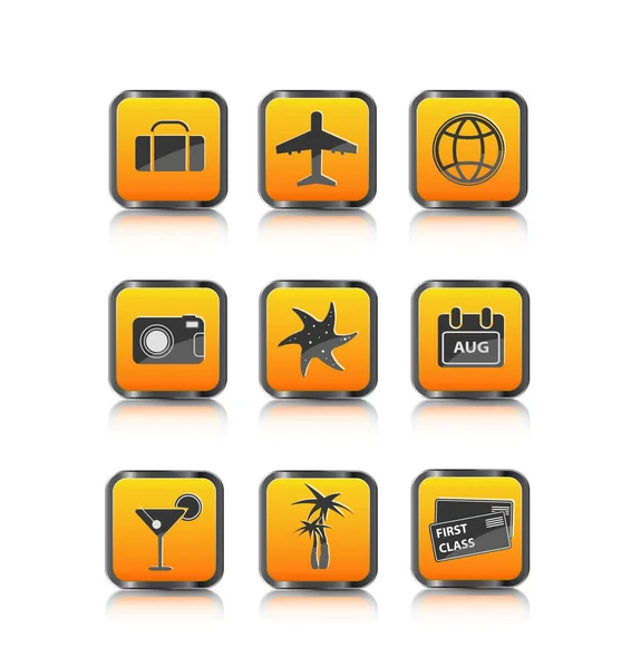 Oranje Reizen Pictogram Bagage Vliegtuig Palm Coctail Geïsoleerd Witte Achtergrond — Stockvector