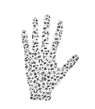 Beyaz arka planda izole edilmiş farklı seyahat elementlerinden oluşan siyah-beyaz el palmiyesi