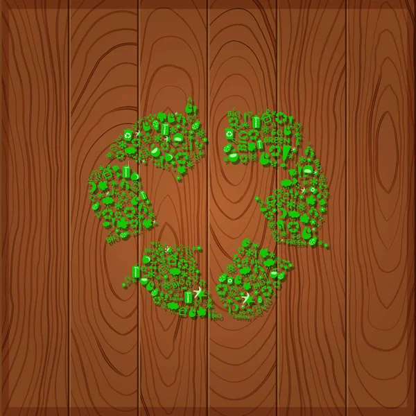 木製の背景に反射してリサイクルアイコンの標識 緑のエコパターンを分離移動します 生態学の概念 — ストックベクタ