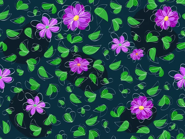 Violet Flower Green Leaf Seamless Pattern Background Dark Blue Backdrop — Stock Vector