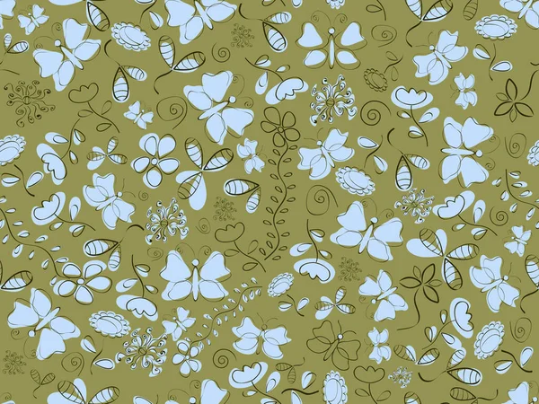 茶色の背景にシアンの花と蝶とシームレスなドアパターンの背景 — ストックベクタ
