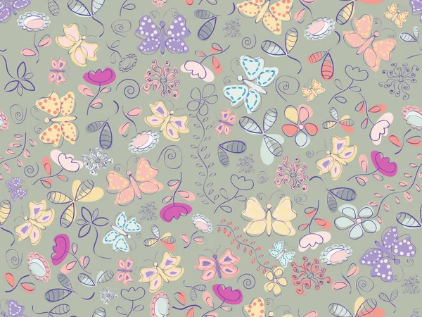 Nahtlose Floral Doodle Pattern Mit Schmetterlingen — Stockvektor