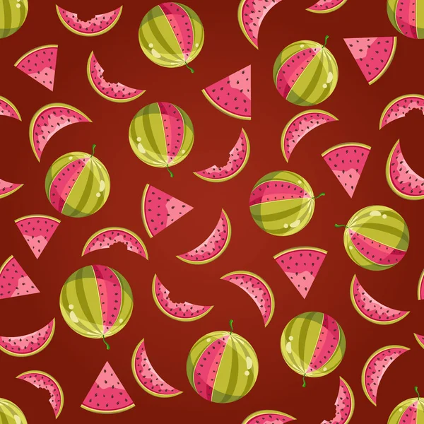 Sappige Watermeloen Naadloos Patroon Donkerrode Achtergrond — Stockvector