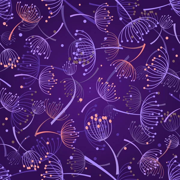 濃い紫色の背景にクラゲの形をした花のシームレスなパターン — ストックベクタ