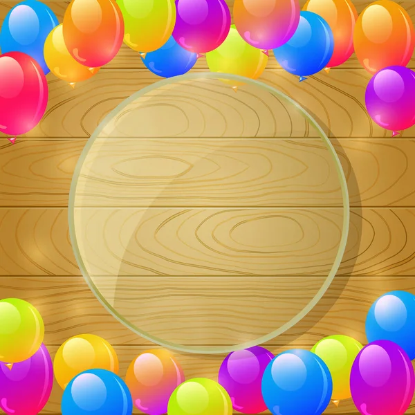 Tablero Vidrio Redondo Patrón Madera Con Espacio Copia Globos Brillantes — Vector de stock