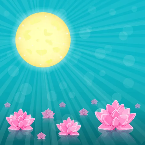 Lys Lotus Rose Fleurs Eau Bleue Vert Lune Jaune Image — Image vectorielle