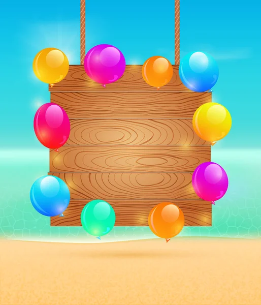 Summer Beach Tropical Sea Mit Holzschild Und Luftballons Urlaubsillustration — Stockvektor