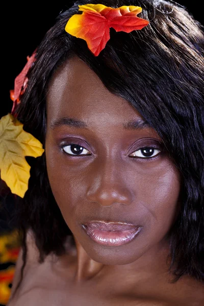 Tight Portrait African American Woman Autumn Leaves — Stock Photo, Image