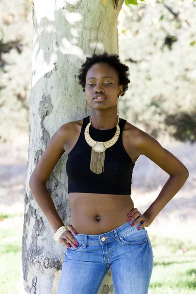 Jovem afro-americano teen menina ao ar livre árvore — Fotografia de Stock