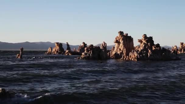 Limestone Tufa Formations Mono Lake California Waves Blue Skies — Stock Video