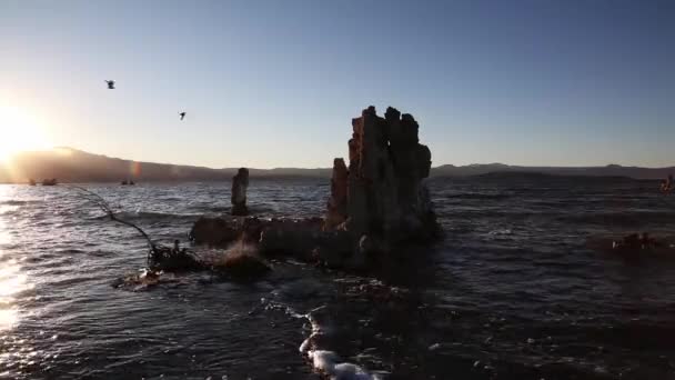 Kalksteen Tufa Vorming Mono Lake Met Golven Blauwe Lucht Zonsopgang — Stockvideo