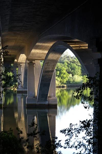 Kaliforniya Nehri Nin Karşısındaki Yol Köprüsünün Çimento Desteği Kemerleri Ağaçlarla — Stok fotoğraf