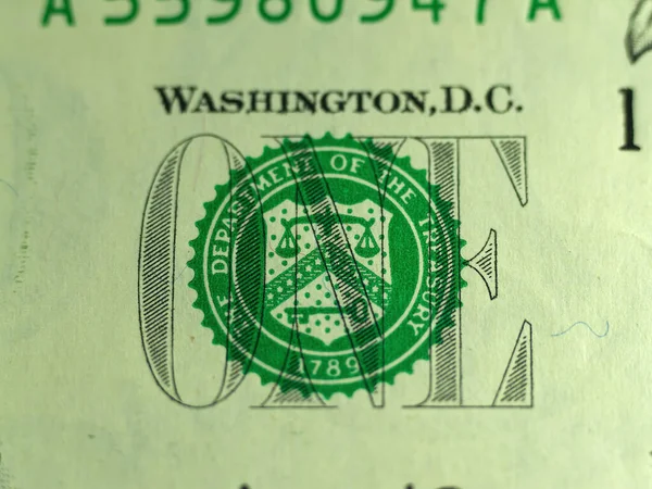Close Detail United States One Dollar Bill Showing Department Treasury — Stock Photo, Image