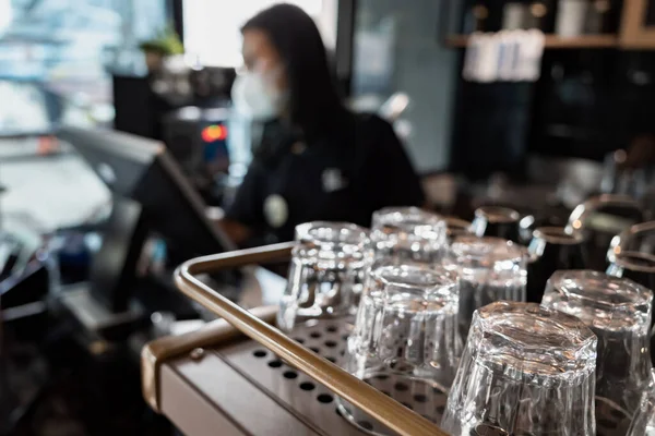 Array Clean Glasses Coffee Shop Female Cashier Background ストック画像