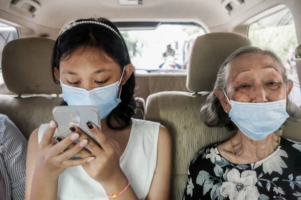 Asian Teen Girl Grandma Wearing Face Mask Car — Photo
