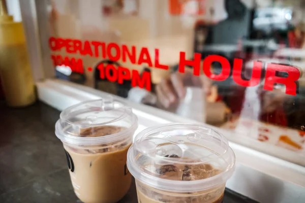 Iced Coffee Served Disposable Plastic Cup Coffee Shop Counter ストックフォト