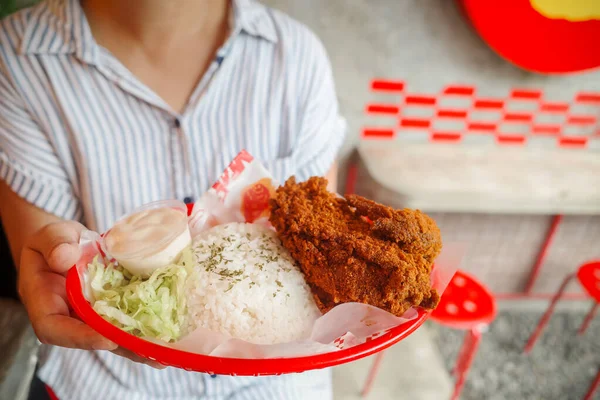 Asian Woman Holding Plate Fast Food Meal Menu Fried Chicken ストック写真