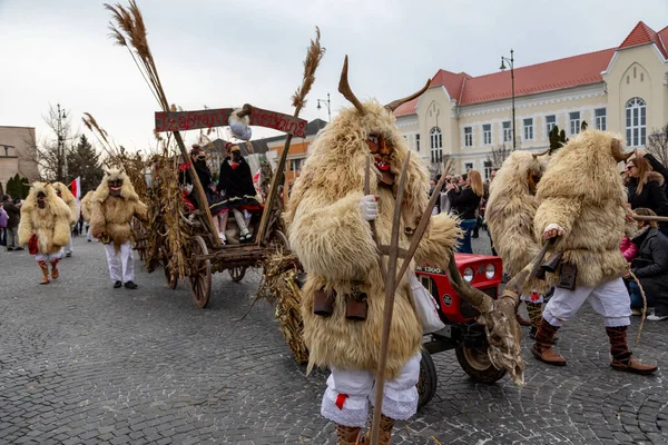 Mohacs, Macaristan, 24 Şubat 2022: Busojaras, Macaristan 'ın Mohcs kentinde yaşayan okçunun yıllık kutlaması. Kutlamada Buss yer alıyor ve halk müziği, maskeli balo, geçit törenleri ve dans da yer alıyor. Busjrs altı gün sürer..