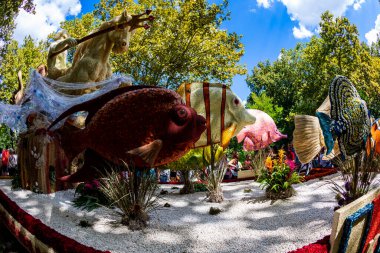 Debrecen, Macaristan - 20 Ağustos 2021: Çiçek Festivali Dev heykeller, şehrin merkezindeki farklı çiçeklerden yapılan kompozisyonlar..