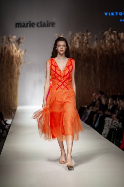 Budapest Hungary, Nov 22 19: At the Marie Claire fashion week model walks at the Project Runway with new designs.