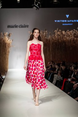 Budapest Hungary, Nov 22 19: At the Marie Claire fashion week model walks at the Project Runway with new designs.