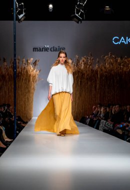 Budapest Hungary, Nov 22 19: At the Marie Claire fashion week model walks at the Project Runway with new designs.