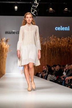 Budapest Hungary, Nov 22 19: At the Marie Claire fashion week model walks at the Project Runway with new designs.