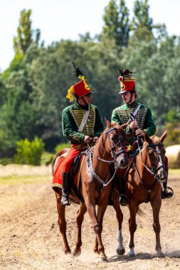 Gyenesdias Hungary May 22 2022: Unidentified reenactors fighting the historic war of Independence of 1848 in Hungary. That battle was won -however, the freedom was short-lived. Free Public event.
