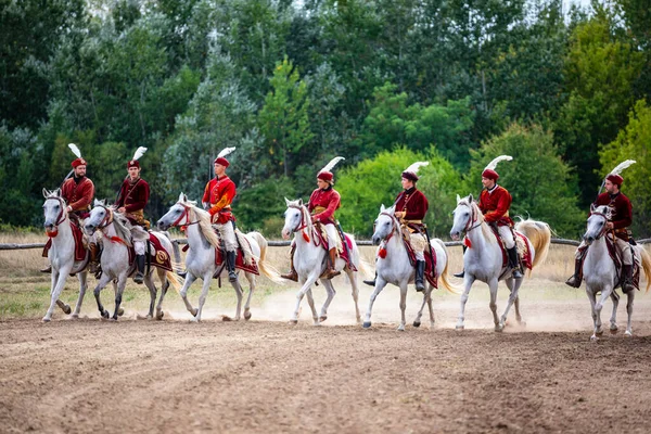 Gyenesdias Hungary May 22 2022: Unidentified reenactors military horseman fighting the historic war (XIV century) in Hungary. That battle seen. Free Public event.