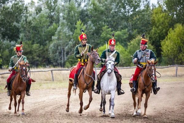 Gyenesdias Hungary May 22 2022: Unidentified reenactors fighting the historic war of Independence of 1848 in Hungary. That battle was won -however, the freedom was short-lived. Free Public event.