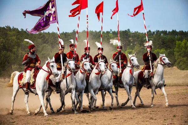 Gyenesdias Hungary May 2022 Unidentified Reenactors Military Horseman Fighting Historic — Stock Photo, Image