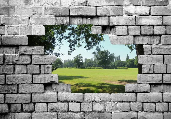 Alte Ziegelmauer mit Blick auf die Landschaft — Stockfoto