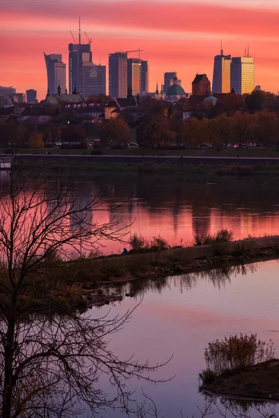Skyline Warschau Stad Bij Schemering Hoofdstad Van Polen Uitzicht Rivier — Stockfoto