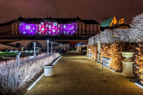 Warszawa Polen Januari 2022 Trädgårdar Kungliga Slottet Med Nattbelysning Vintersemestern — Stockfoto