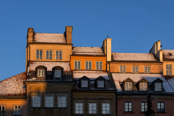 Historic Tenement Houses Snowy Roofs Sunset Old Town Warsaw City — Stock Photo, Image