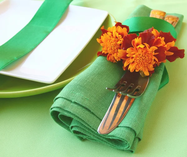Serviettes vertes décoratives avec assiettes — Photo