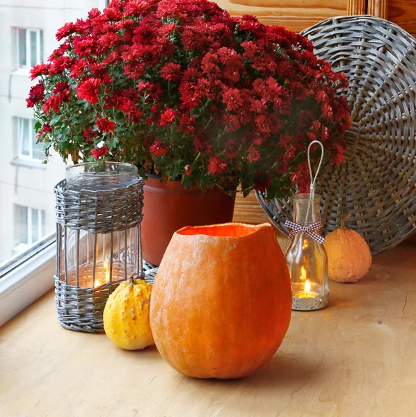 Projeto Outono de uma véspera de janela do feriado no dia das bruxas. — Fotografia de Stock