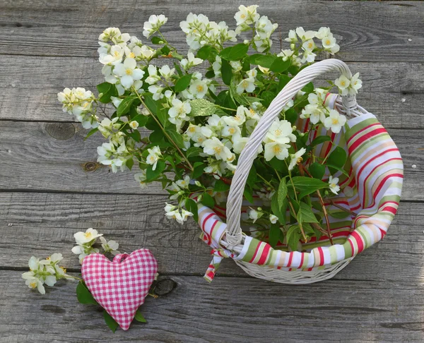 Kvetoucí Jasmín v proutěném koši a srdce na dřevěné stěně obrazce — Stock fotografie