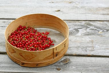 ahşap bir masa üzerinde bir elek içinde kırmızı kuş üzümü