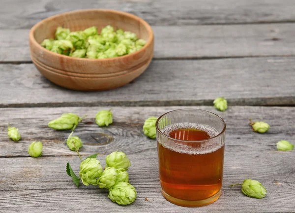 Harvest of hops and a glass with a drink from the hops — Stock Photo, Image