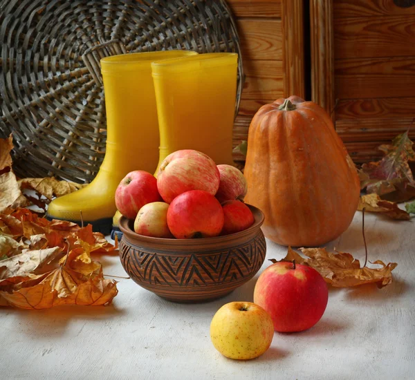Bodegón otoñal con calabaza, manzana y hojas amarillas — Foto de Stock