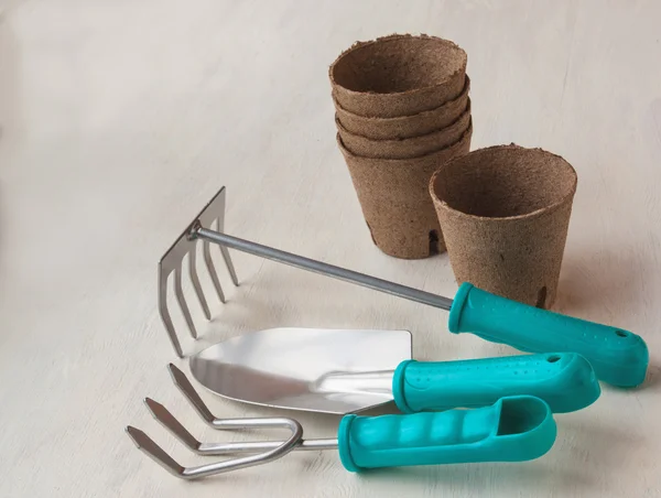 Spring garden still life with peat pots — Stock Photo, Image